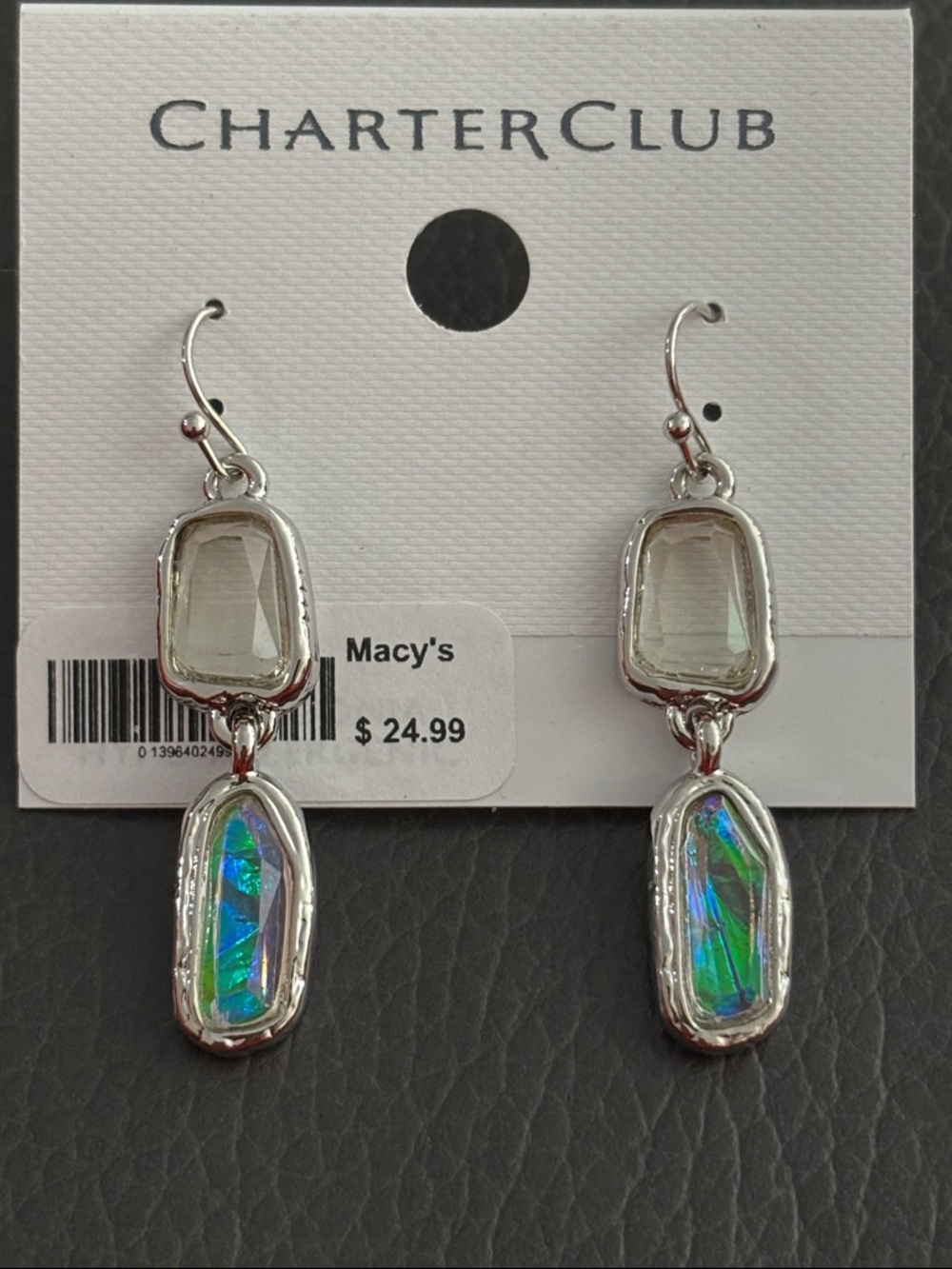 Charter Club Silver-Tone Earrings with Clear and Iridescent Green-Blue Drops